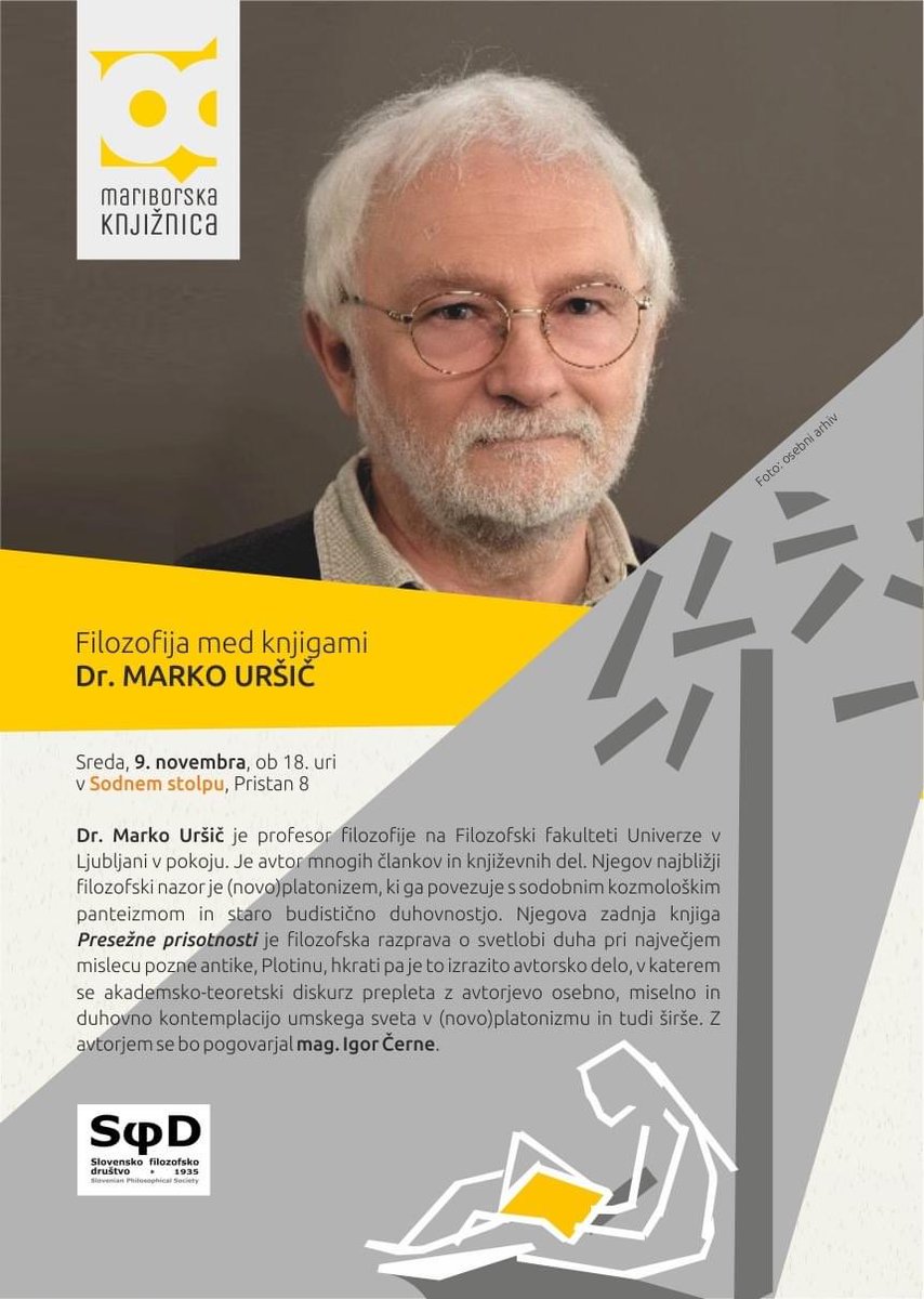 Filozofija med knjigami 
Dr. MARKO URŠIČ
Sreda, 9. novembra, ob 18. uri v Sodnem stolpu, Pristan 8, Maribor  
facebook.com/events/s/filoz…