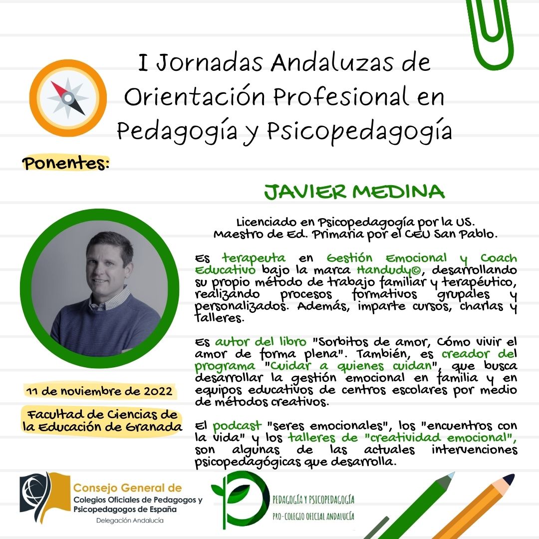 Hoy presentamos a Javier Medina, gran profesional que también nos dejará impresionados con todo lo que podemos aprender de su experiencia.
linkedin.com/in/handudy-jav…
+info: coapype.wixsite.com/coapype/jornad…

#pedagogía #psicopedagogía #coapype #jornadasgranada11nov22 #JuntosSomosMasFuertes