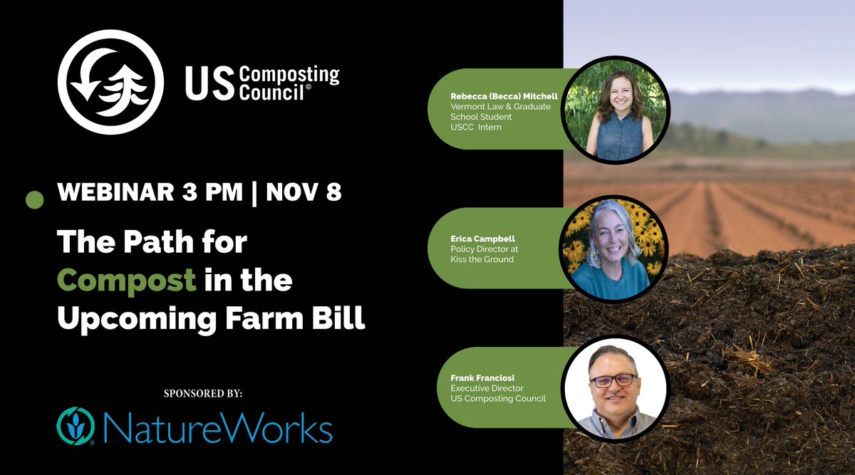 Join the US Composting Council and food systems/regenerative ag experts tomorrow at 3 p.m. EST to learn more about the Farm Bill and its implications for the compost industry. 
compostingcouncil.org/events/EventDe…