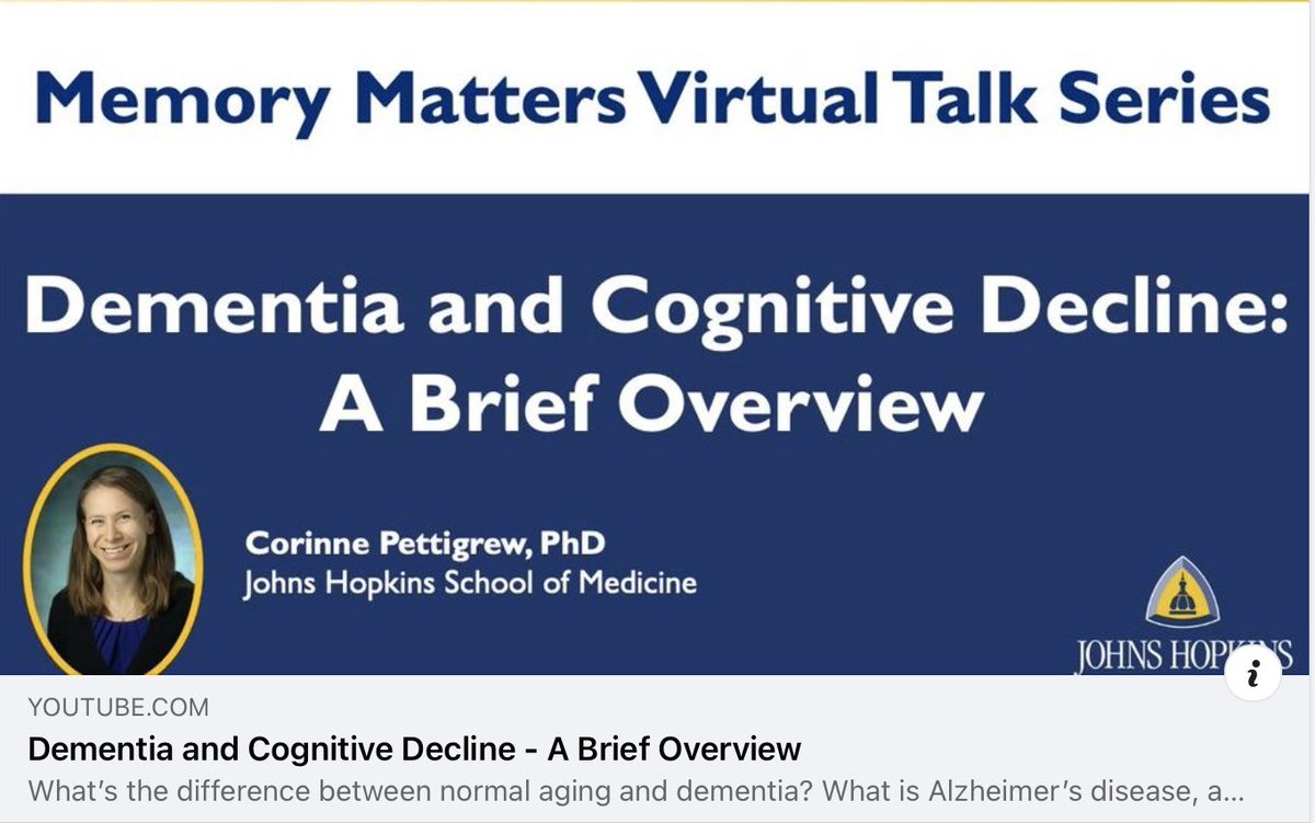 JH_Memory_Aging's tweet photo. #AlzheimersAwarenessMonth
#JHAlzAwareness
What is #Dementia?
How it does it differ from normal #Aging?
How does #Alzheimers disease fit into this picture?
Our very own @CorinnePettigr1 addresses these questions and more in this #JHMemoryMatters talk: https://t.co/naPI60zTce https://t.co/D66I3zkqMi