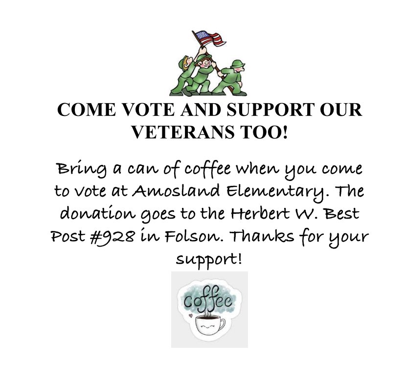 Please help us support our veterans by donating a can of coffee when you vote tomorrow! #Veterans #Amosland #ElectionDay