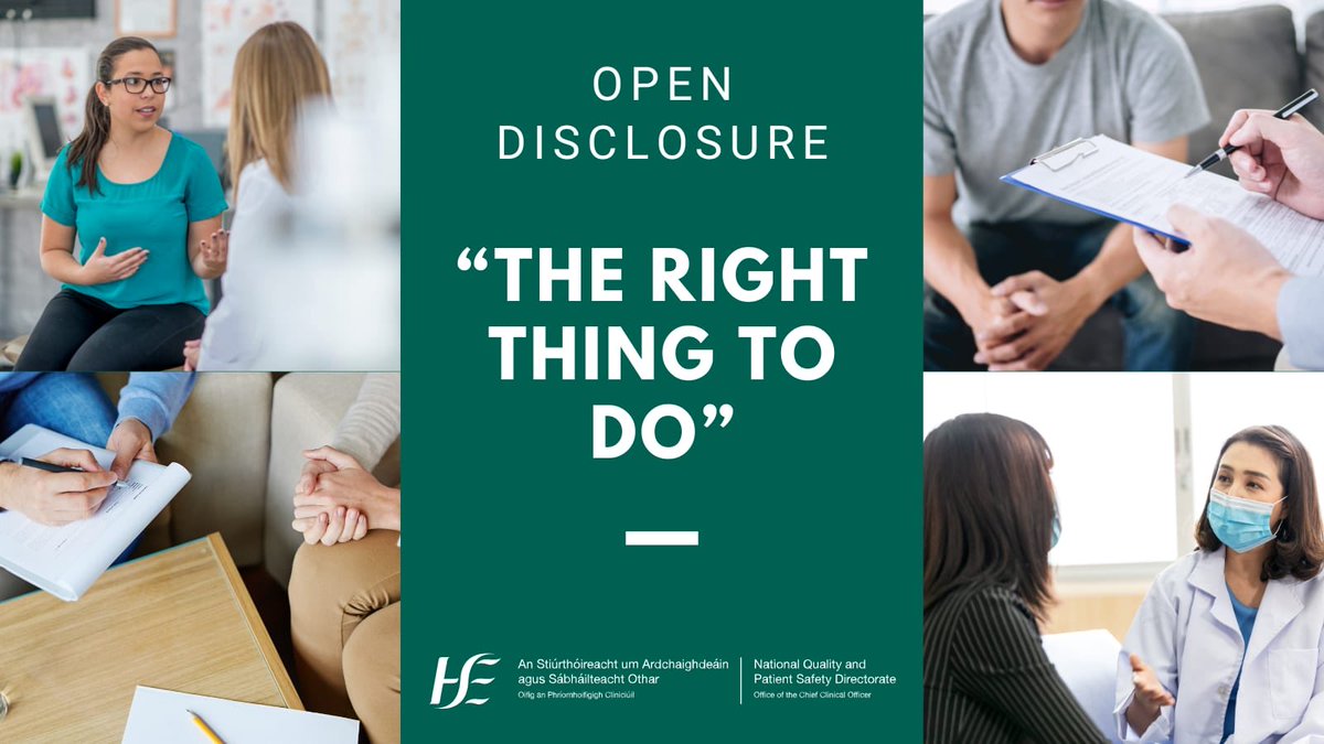 This week is #opendisclosurethemeweek in HSE. Open disclosure is essential when incidents occur and there is patient harm. Involving patients in reviews improves learning. Thanks to teams who carry out open disclosure with support, empathy and understanding. 
#therightthingtodo