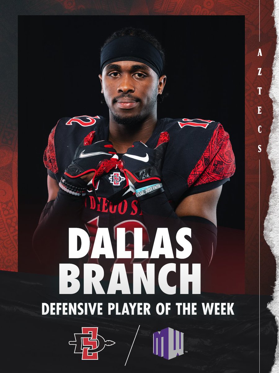 Congrats to <a href="/Dallasbranch13/">Dallas Branch</a> for being named the <a href="/MountainWest/">Mountain West</a>
Defensive Player of the Week! bit.ly/3NN898I

#TheTimeIsNow | #AztecFootball100