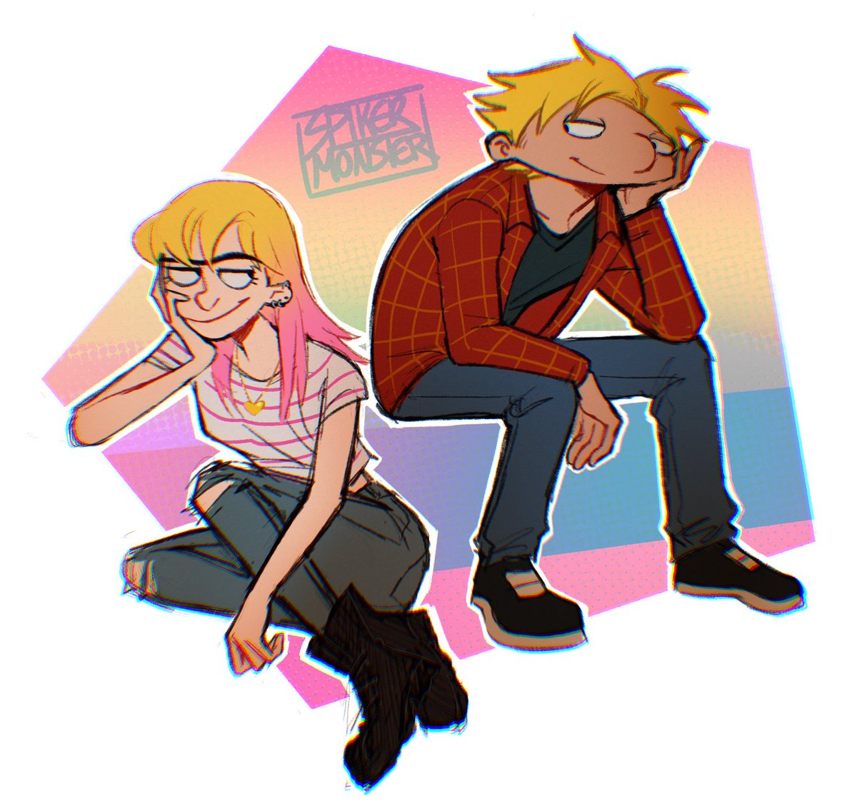 1girl blonde hair 1boy pants sitting shirt torn pants  illustration images