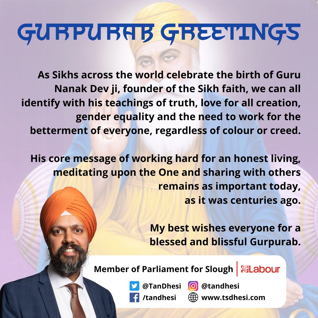 Core teachings of Guru Nanak Dev ji, founder of the #Sikh faith, about love, oneness of all, gender equality, truthful living, working hard, sharing, meditation and selfless service are universal and pivotal for a peaceful society.

Best wishes everyone for a blissful #Gurpurab.