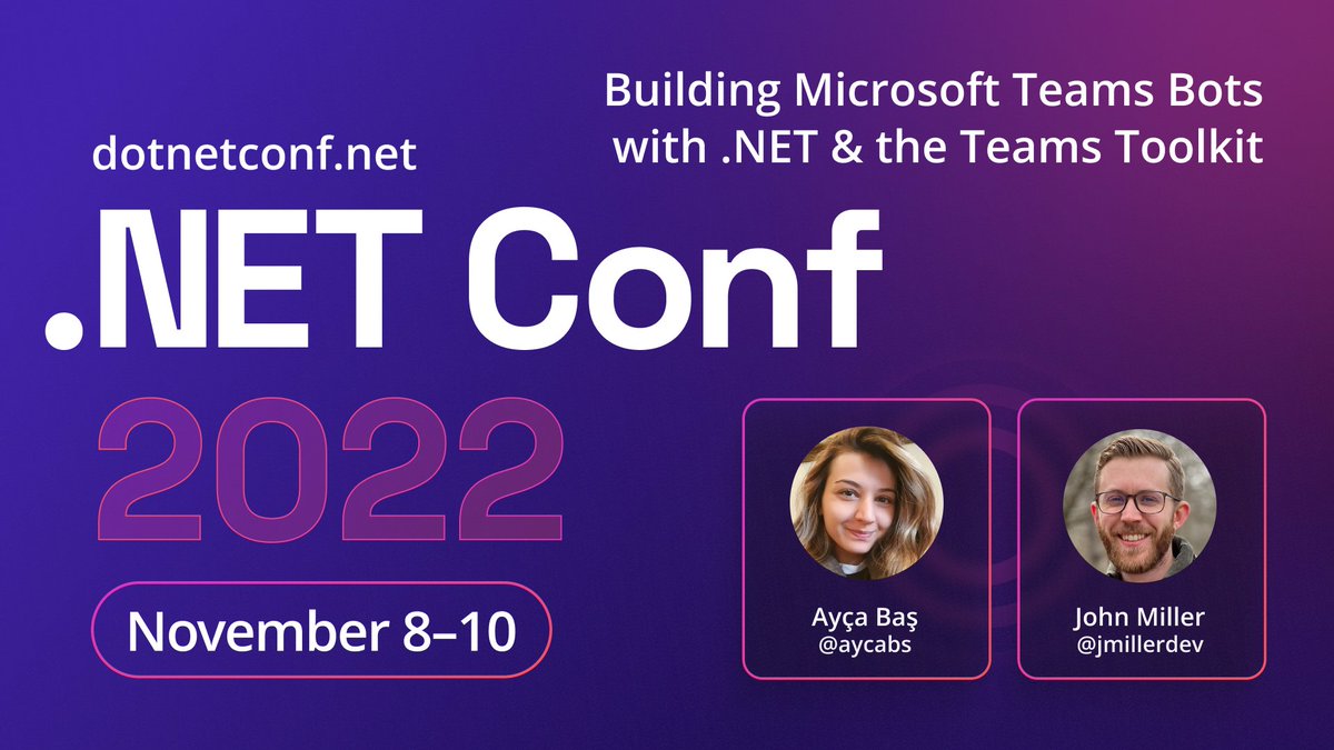 VisualStudio: RT @Microsoft365Dev: Join @jmillerdev and @aycabs at the .NET Conf 2022 to learn how to build Microsoft Teams Bots with .NET & the Teams Toolkit: msft.it/6013dmL7Z

#Microsoft365Dev #MicrosoftTeams #TeamsToolkit