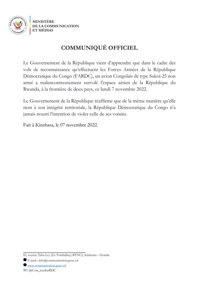 Com_mediasRDC's tweet photo. #RDC Communiqué du Gouvernement de la République à propos du survol de l’espace aérien rwandais par un avion de chasse congolais.👇🏾 https://t.co/HYcYScHXT9