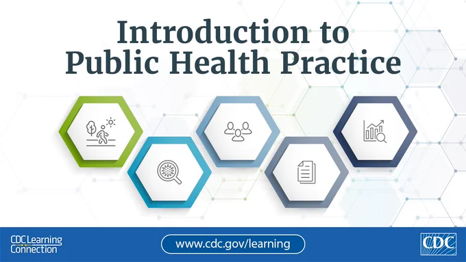 Icons related to public health topics: person walking outside, magnifying glass over virus, multiple people, document, and magnifying glass over bar chart. Text says, Introduction to Public Health Practice.