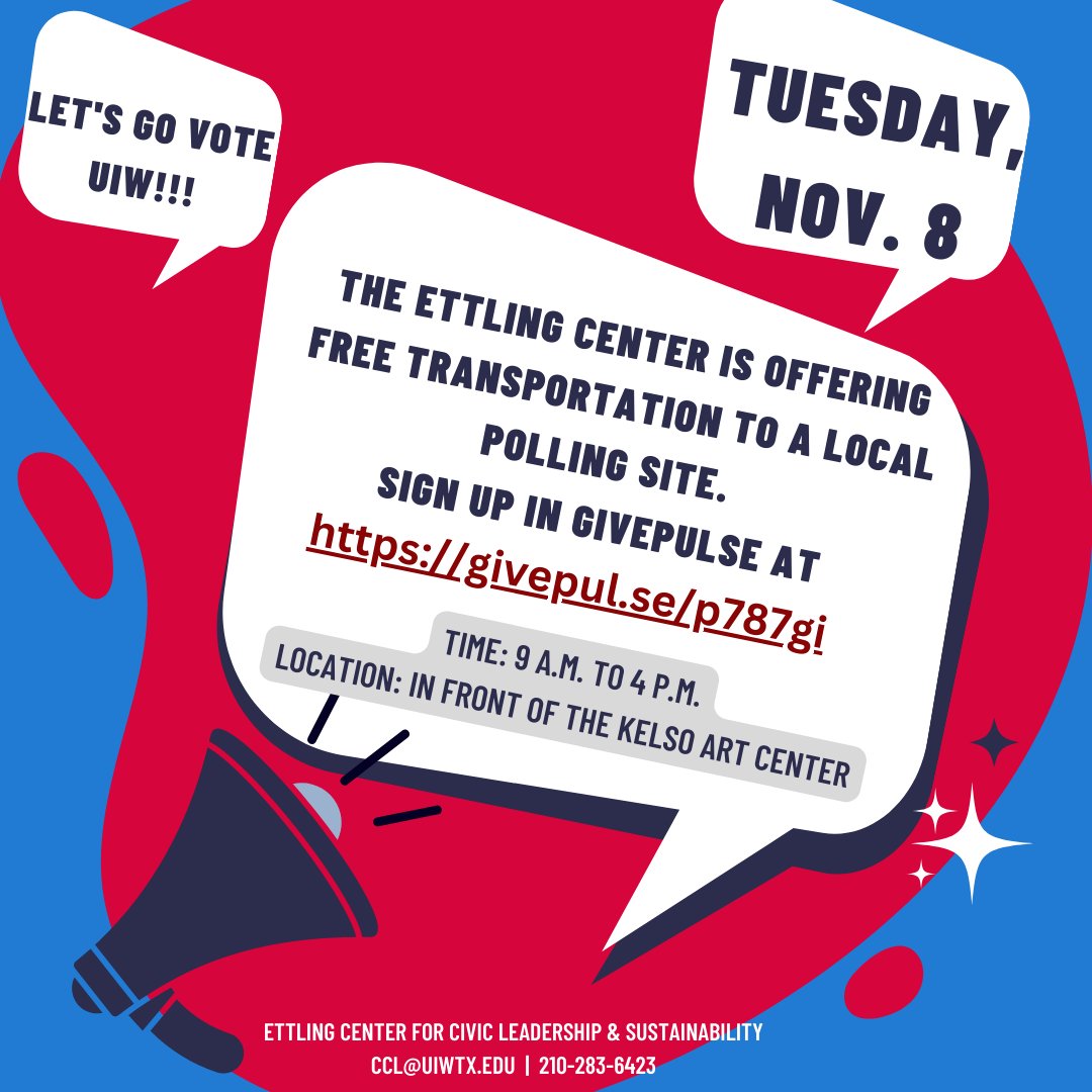 uiweccl's tweet photo. The Ettling Center is offering free transportation to a local polling site from 9 a.m. – 4 p.m. Tuesday, Nov. 8. Meet in front of the Kelso Art Center. Sign up on GivePulse, https://t.co/ilvclMw2t1. For more info, contact The Ettling Center at ccl@uiwtx.edu or 210-283-6423. https://t.co/bYSI6RZGBh