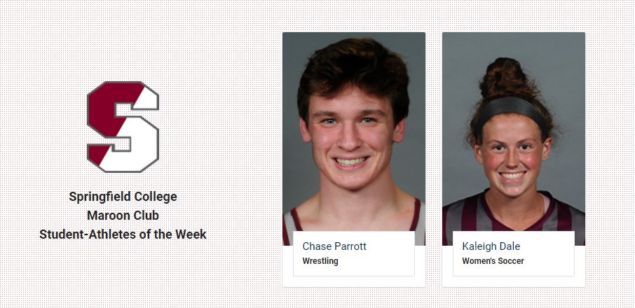 SC_Pride's tweet photo. Congratulations this week's #SpringfieldCollege Maroon Club Student-Athletes of the Week, Chase Parrott and Kaleigh Dale! #d3wrestle #d3soc 
https://t.co/xSRDclRSTo https://t.co/lzmAH3VRx7