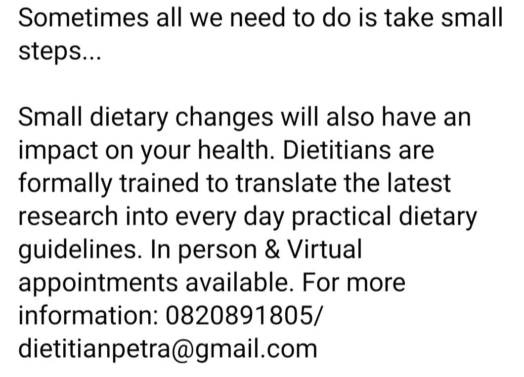Small dietary changes can make a big difference in your overall health💪🏻
Treat yourself and make your booking <a href="/dietitian/">dietitian</a>.petra via dr-remo.co.za.
#dietitian #drremo #onlinebookings