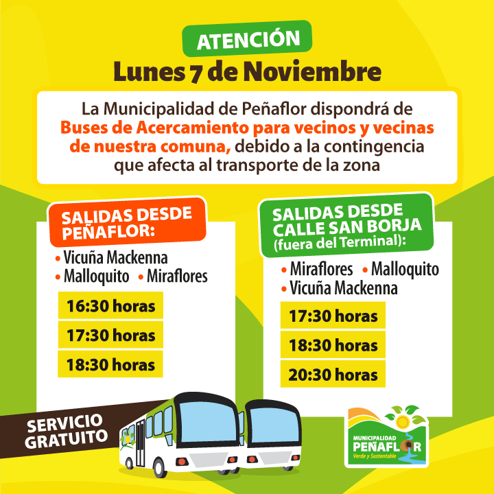 MuniPenaflor's tweet photo. 🟠🟢 ¡Atención! Hoy Lunes 7 de Noviembre. La Municipalidad de Peñaflor dispondrá se #BusesDeAcercamiento 🚌🚐 para vecinos y vecinas 🙋‍♂️🙋‍♀️ de nuestra comuna. Debido a la contingencia que afecta al transporte de la zona. https://t.co/E0vmPbPmaN