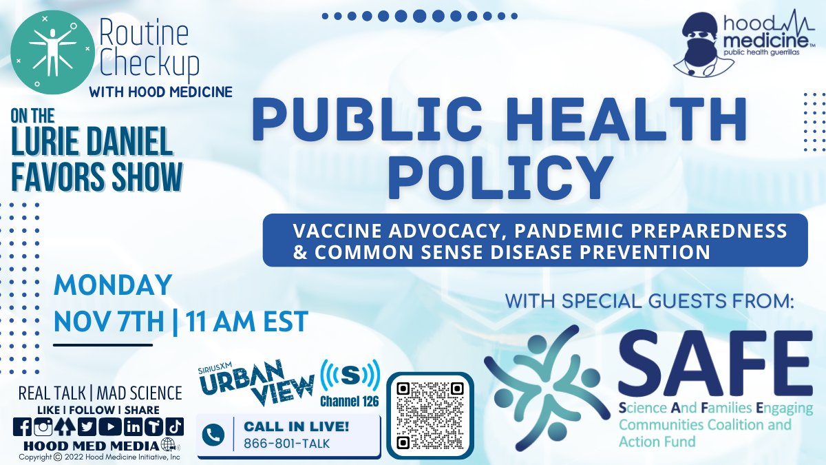 hood_medicine's tweet image. We're live now for today's #RountineCheckup w/#HoodMed chatting w/ @SAFECommCo about public health policy &amp;amp; practical legislation for pandemic protection.

🗓️Mon Nov 7th - 11 am EST
📻The @LurieFavors Show on @SXMUrbanView Channel 126
📞866-801-TALK

@SiriusXM
#LDFShow🎙
#PHG🦍