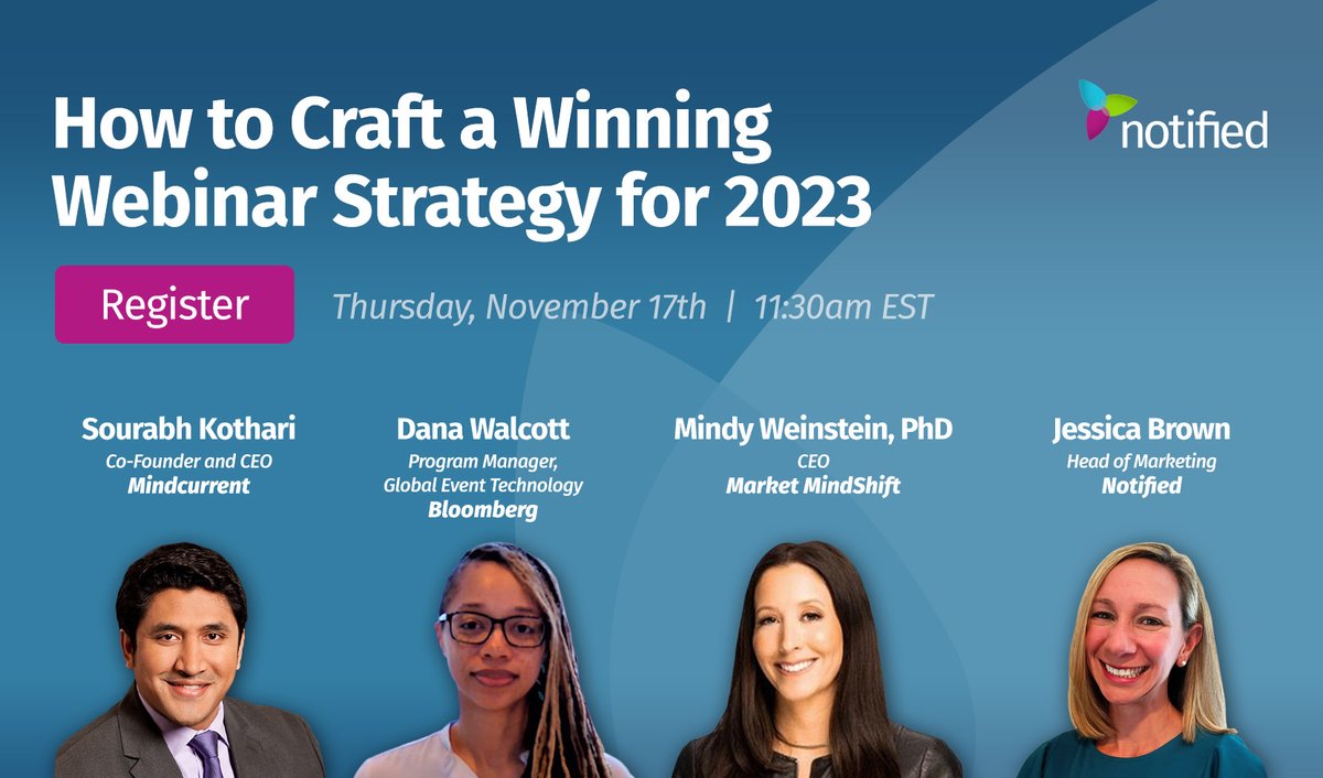 On Nov. 17, don't miss our LIVE #webinar with <a href="/AMA_Marketing/">AMA</a>!

Leaders from <a href="/Bloomberg/">Bloomberg</a>, <a href="/mind_current/">Mindcurrent</a>, <a href="/marketmindshift/">Market MindShift</a> and <a href="/Notified/">Notified</a> will share how to power your 2023 webinar strategy with the latest tactics and trends.

Save your seat: ow.ly/l3IS50LrcGc