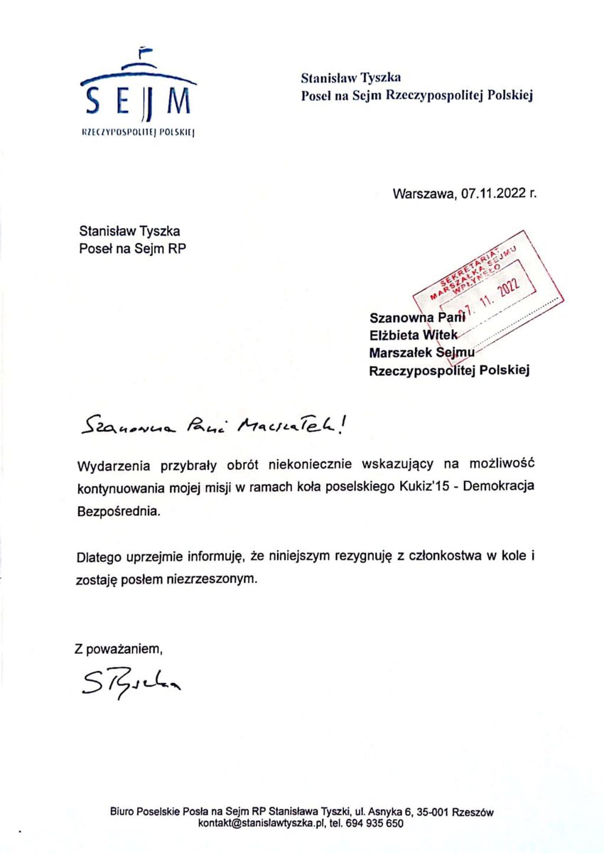 styszka's tweet photo. Szanowni Państwo❗️Odszedłem dziś z koła Kukiz’15. Dziękuję @pkukiz za wiele lat współpracy. Zachęcam do przeczytania dłuższego oświadczenia, w którym wyjaśniam powody mojej decyzji. https://t.co/Q9XxpYwieF https://t.co/FltjMtYRkF