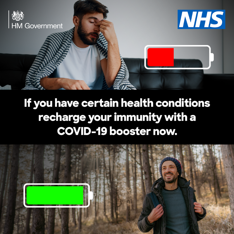 NHSuk's tweet photo. If you have certain health conditions, COVID-19 can cause serious illness. Recharge your immunity with a COVID-19 booster now. Find out if you are eligible and book now.