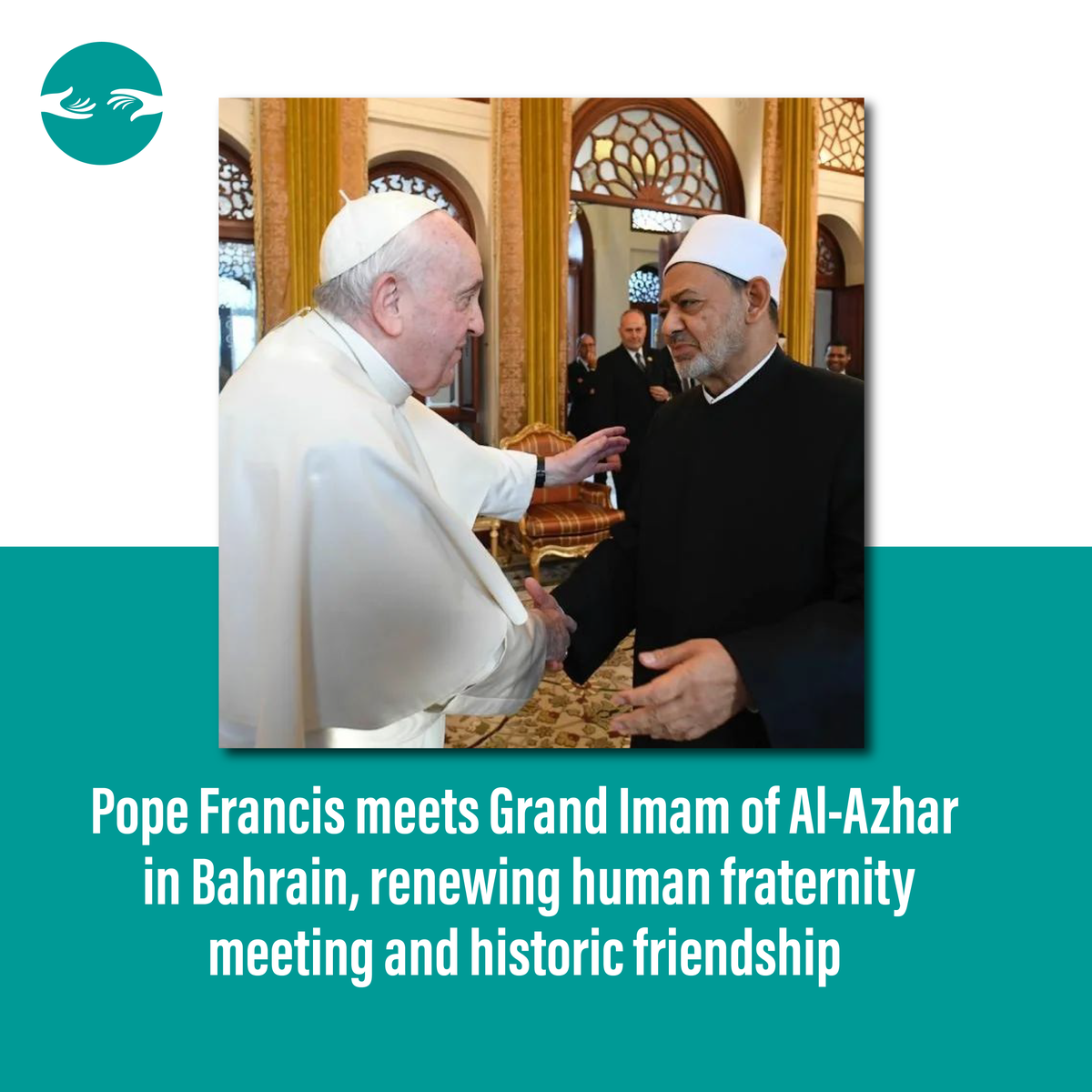 HumanFraternity's tweet photo. His Holiness Pope Francis met His Eminence Grand Imam of Al-Azhar Professor Ahmed Al-Tayeb on Saturday in Bahrain as part of the religious leaders’ visit to the Kingdom and participation in the Bahrain Dialogue Forum.
#HumanFraternity #bahraindialogueforum https://t.co/9IG8Nd5s8o