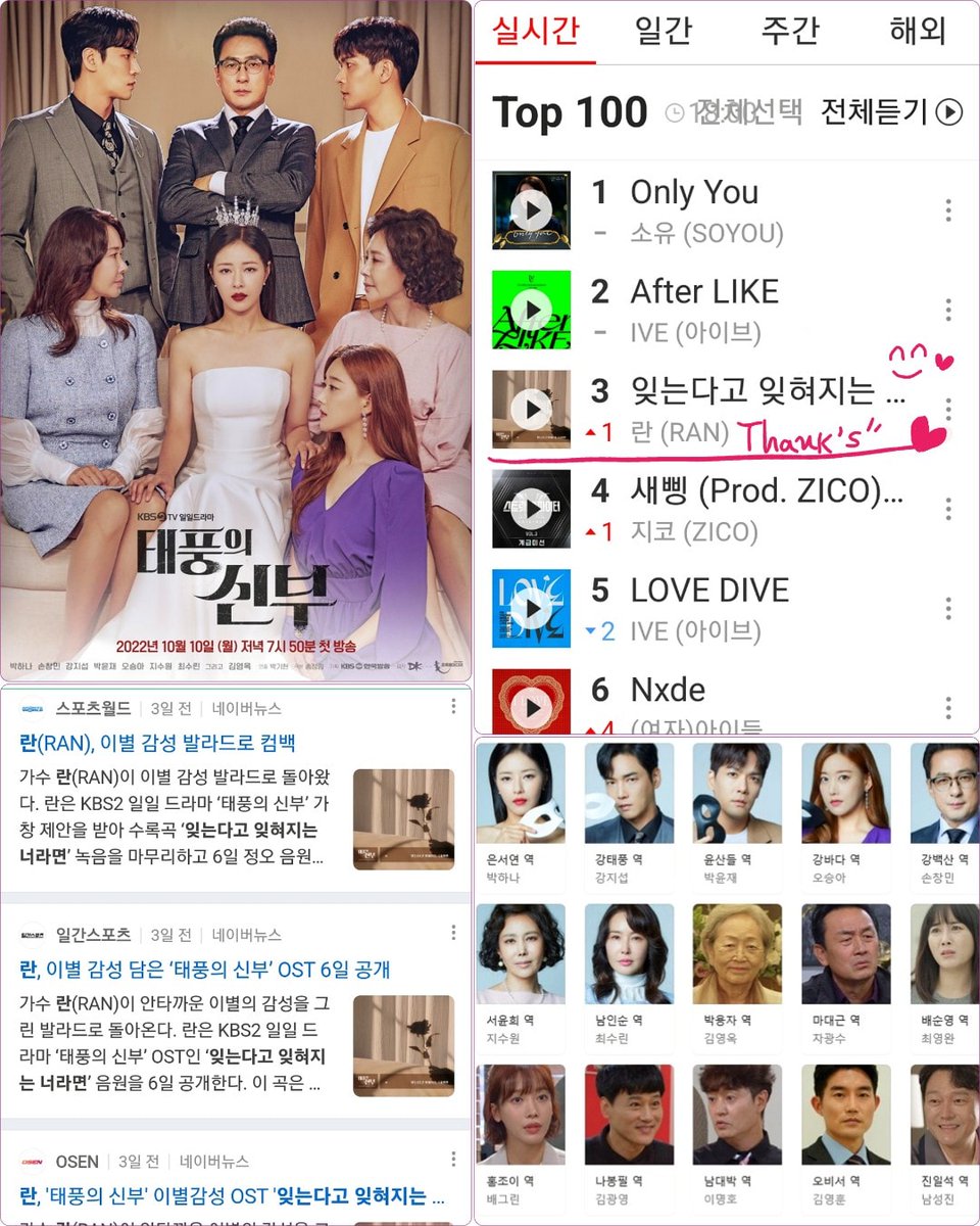 #감사가_넘치는 💕
#KBS2 #태풍의신부 #일일드라마 #OST
#란 #RAN #잊는다고잊혀지는너라면 💕

🌈드라마도 제 노래도 많이많이 사랑해주세요~😍❤️