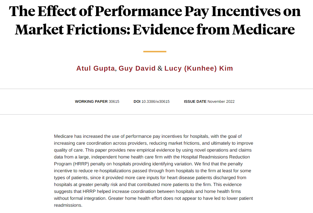 The Hospital Readmissions Reduction Program penalty passed through from hospitals to home health agencies, resulting in increased coordination between hospitals and those agencies, from Atul Gupta, <a href="/GuyDavid_HE/">Guy David</a>, and Lucy (Kunhee) Kim nber.org/papers/w30615