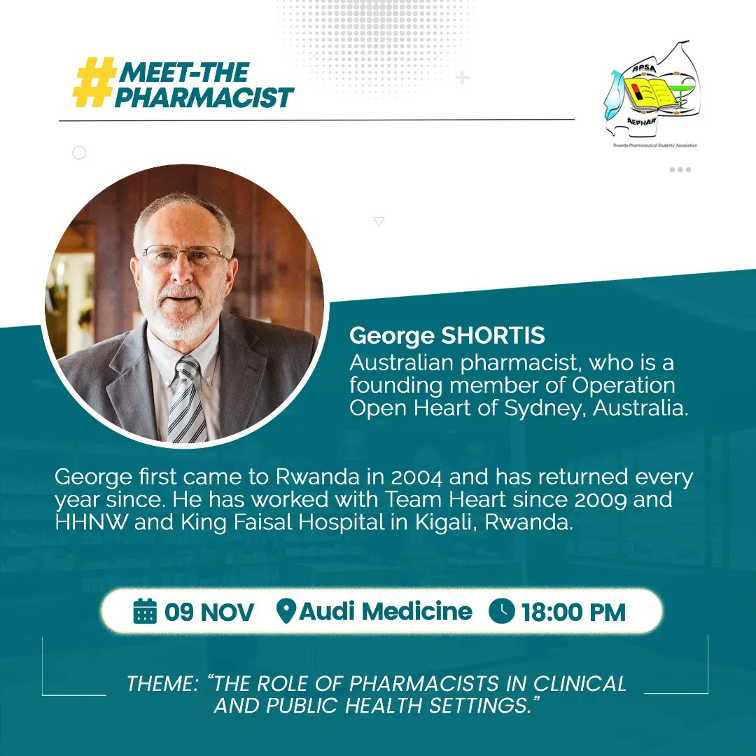 This Wednesday, @BonnieGreenwood and George Shortis from @TeamHeartRwanda will be with us in #MeeThePharmacist.

Theme: “The role of pharmacists in clinical and public health settings.”

Counting down the days...
#RPSATing