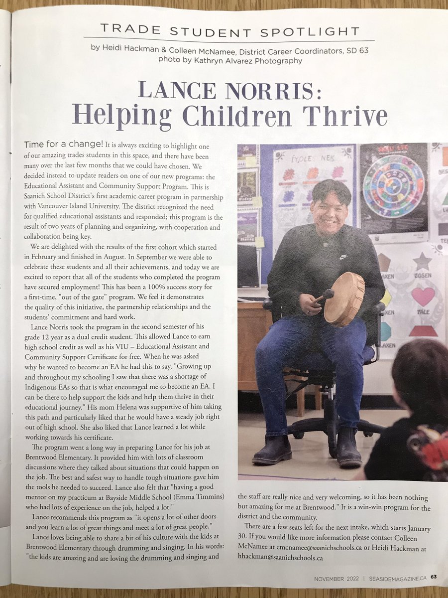 Brentwood’s very own Lance Norris being featured in @SeasideMagazine Lance brings so much joy & passion when teaching drumming & culture to our students. How lucky are we! @sd63careers @sd63schools @SD63Indigenous #followyourdreams