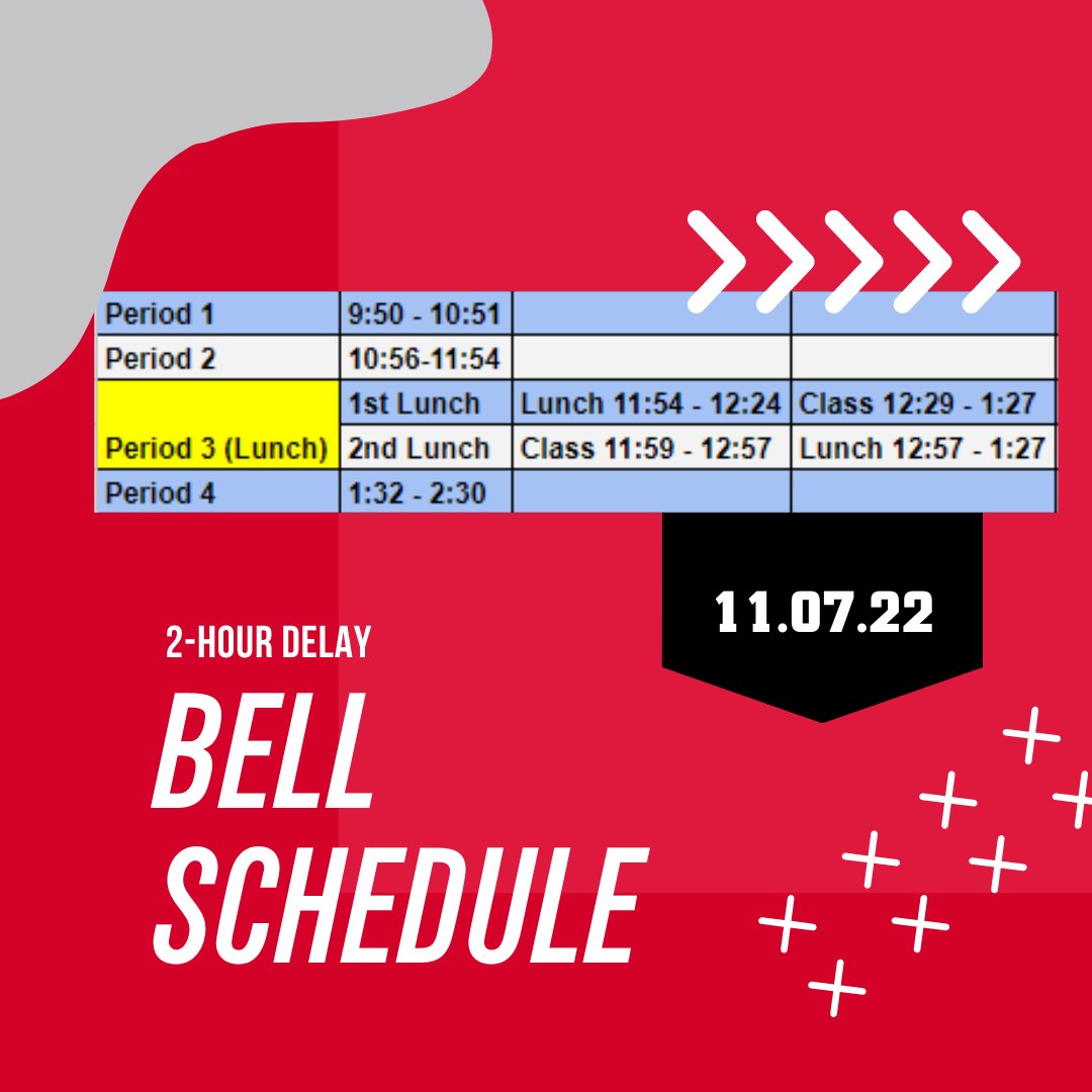 With the 2 Hour Delay, here is the bell schedule for today! Don't forget that we are also beginning Quarter 2 today, so some of your classes may have changed. Check Skyward for your schedule!