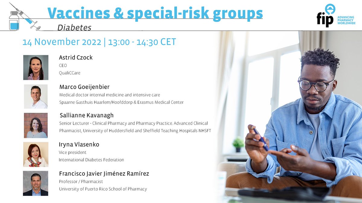 Among the different special-risk population groups for vaccine-preventable diseases, people living with diabetes have particular vaccination needs. Join to learn about the vaccines for this population group and how pharmacists can contribute. 14 Nov 13 CET bit.ly/3TuMbZn