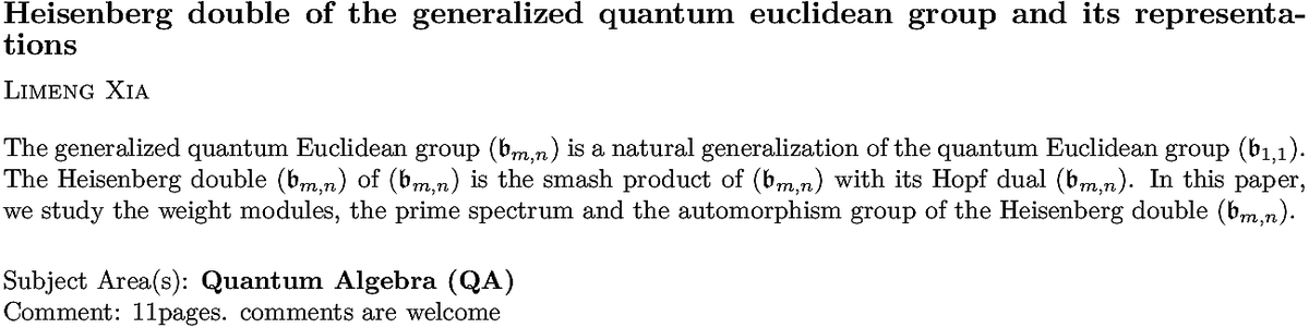 arxiv.org/abs/2211.02500…
L Xia
Heisenberg double of the generalized quantum euclidean group and its
  representations