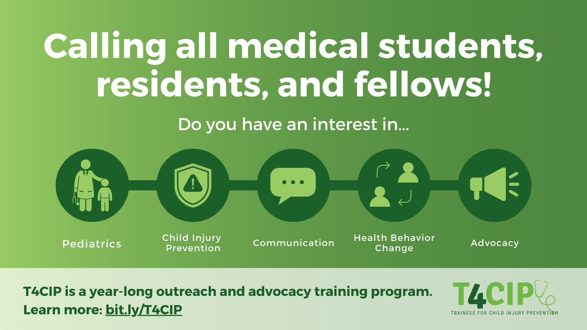 Center for Injury Research and Policy (@cirpatnch) on Twitter photo Applications are open to join the 2023 #T4CIP class! If you're a med student, resident, or fellow w/interest in pediatrics, #ChildInjuryPrevention, communication, #HealthBehaviorChange, and/or #advocacy, join us! Apps open until 11/27/22 bit.ly/T4CIP <a href="/AAPSOPT/">AAP Peds Trainees</a> Applications are open to join the 2023 #T4CIP class! If you're a med student, resident, or fellow w/interest in pediatrics, #ChildInjuryPrevention, communication, #HealthBehaviorChange, and/or #advocacy, join us! Apps open until 11/27/22 bit.ly/T4CIP <a href="/AAPSOPT/">AAP Peds Trainees</a>