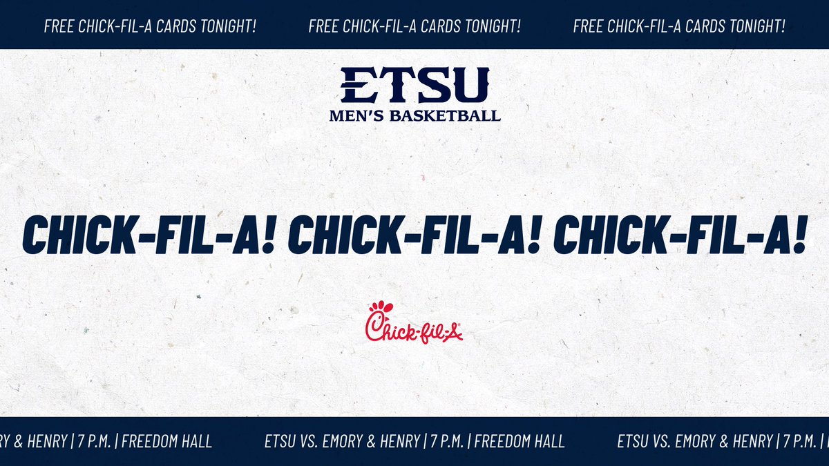 𝙁𝙧𝙚𝙚 𝘾𝙝𝙞𝙘𝙠-𝙛𝙞𝙡-𝘼

<a href="/ETSUFans/">ETSU Fans</a>, we are giving away FREE <a href="/ChickfilA/">Chick-fil-A, Inc.</a> cards for a free chicken sandwich at tonight's <a href="/ETSU_MBB/">ETSU Men's Basketball</a> game... 

𝘌𝘛𝘚𝘜 𝘷𝘴. 𝘌𝘮𝘰𝘳𝘺 &amp; 𝘏𝘦𝘯𝘳𝘺 | 7𝘱 | 𝘍𝘳𝘦𝘦𝘥𝘰𝘮 𝘏𝘢𝘭𝘭

🎟️ etsutickets.com/Online/default…

#ETSUTough