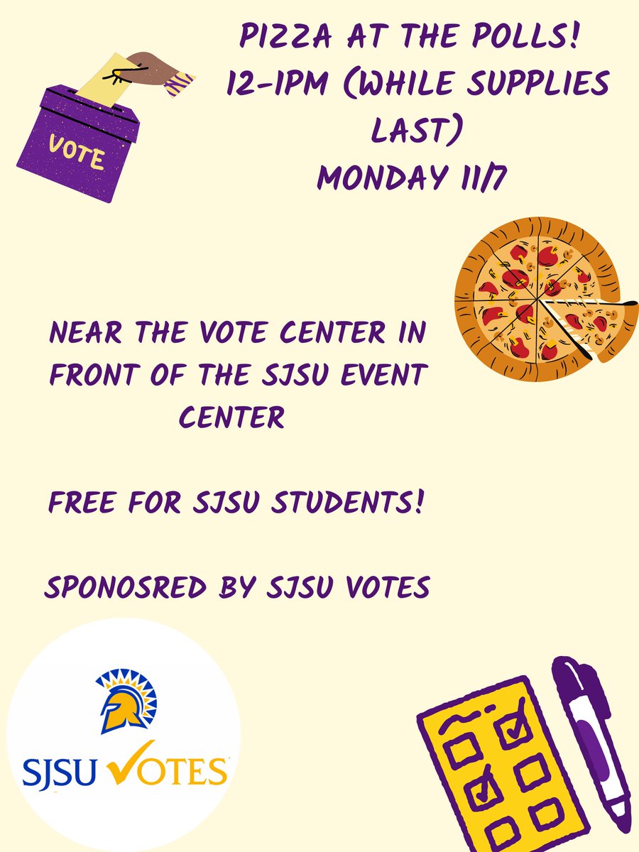 SJSUvotes's tweet image. SJSU Votes is tabling in front of the Event Center today (near the vote center) 10:30-3. We are answering questions and giving out voter swag! 12-1pm is Pizza at the Polls. Free pizza to @SJSU students while supplies last. #sjsuvotes #CampusTakeover @SLSVCoalition @SJSUPrezPerez