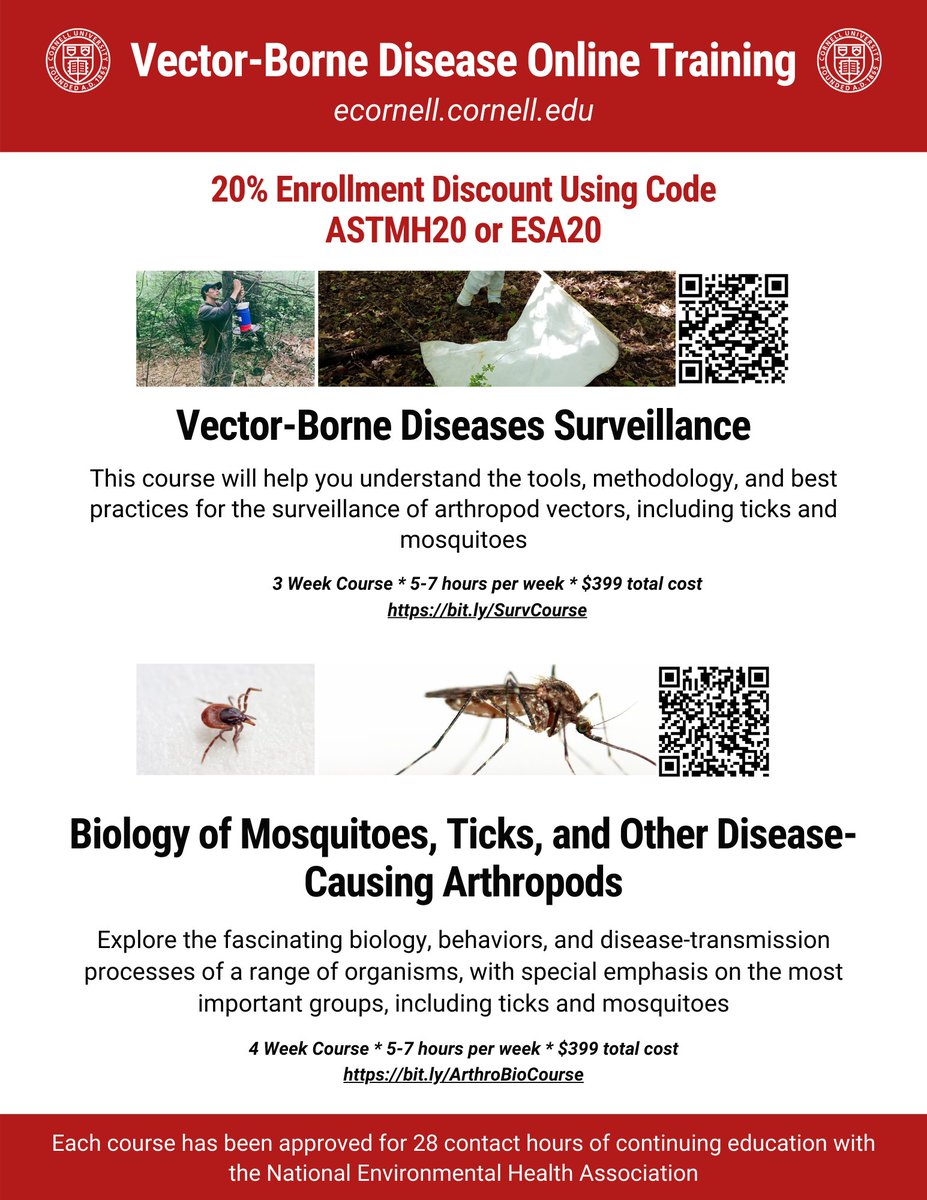 Two vector-borne disease online training courses through eCornell now approved for CE contact hours through <a href="/nehaorg/">National Environmental Health Association (NEHA)</a>! Save 20% on enrollment during the conference season. Visit ecornell.cornell.edu to enroll today! #EntSoc22 #TropMed22 #ASTMH #CornellCALS #ecornell_online