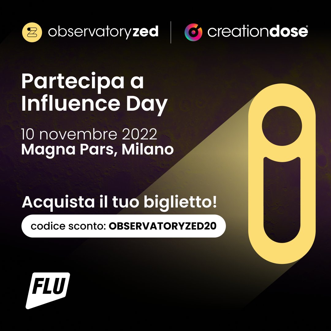 Giovedì 10 novembre insieme al nostro Presidente Marco Dodaro parteciperemo a #InfluenceDay, l'evento dedicato alla #CreatorEconomy! Acquista il biglietto e ottieni il 20% di sconto utilizzando il codice OBSERVATORYZED20! creationdo.se/influence-day