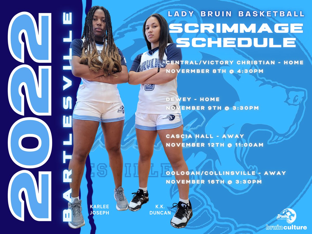 Updated Scrimmage Schedule! Back-to-back contests at HOME this week. Come out &amp; support our Lady Bruins! #scrimmageseason

Central/Victory - 4:30p
Dewey - 3:30p
📍Bruin Fieldhouse