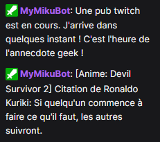 jojo58fr's tweet photo. I develop a ad detector to add some atmosphere on the stream, annecdotes/quotes. I'm happy with the update 😊

[FR] J'ai dev un détecteur de pub pour rajouter un peu d'ambiance, des annecdotes, citations...etc Très content de la MAJ 😊
#twitchfr #vtuberfr #ENVtuber #twitch https://t.co/QYlSPzbuWI