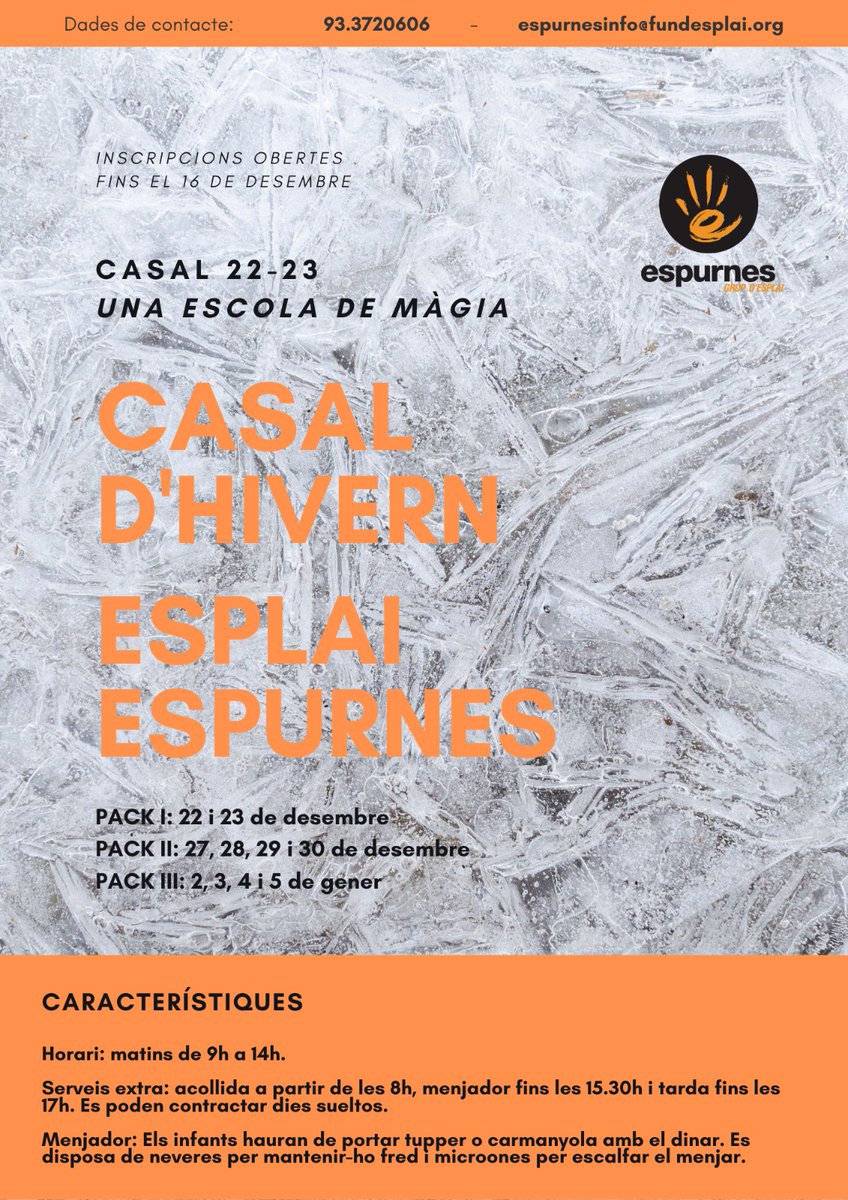 Ja hem obert inscripcions pel casal d'hivern d'aquest any! Del 22 de desembre al 5 de gener, no us quedeu sense plaça! Un hivern màgic de la mà de l'esplai Espurnes #HivernEspurnes #EsplaiEspurnes #LesDeSempre