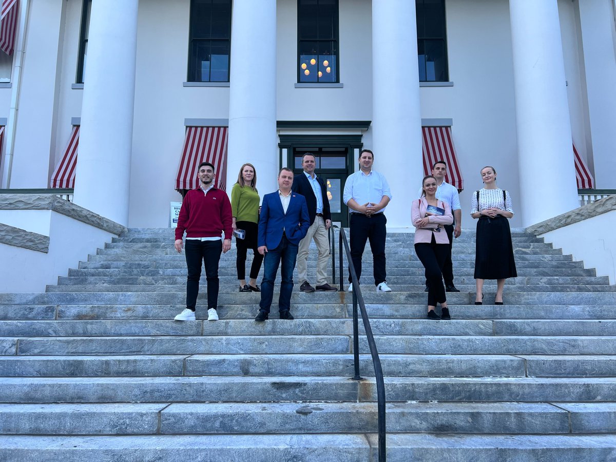ACYPL's tweet photo. The delegation from North Macedonia kicked off their #acyplElections Program visit to Florida meeting with @FLSecofState &amp; @MayorOfTLH, touring the old &amp; new state capitols, and having dinner with Barry Richards, @AllisonTantFL, &amp; alum Ashley Spicola! https://t.co/brBdcsK6v5
