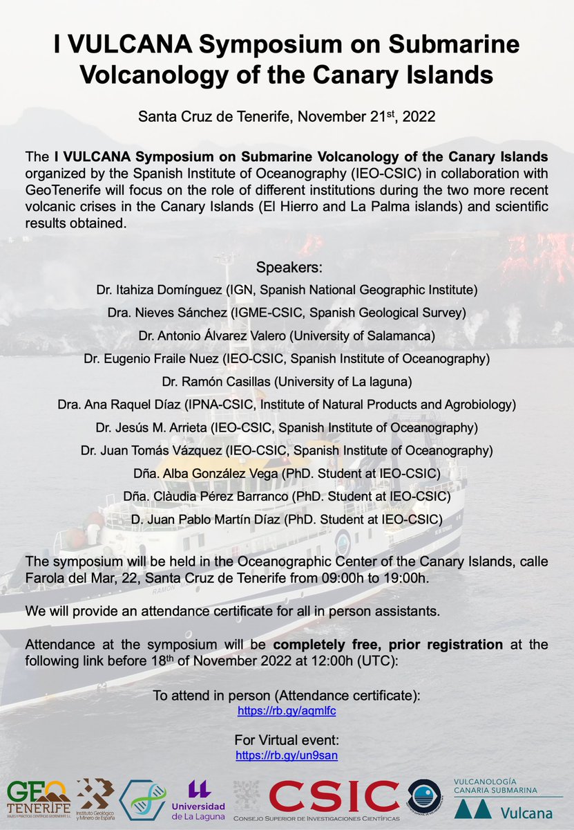 Lunes 21 de noviembre, en nuestra sede del @IEO_Canarias realizaremos el #1VulcanaSymposium no te lo pierdas y reserva tu plaza gratis (certificado de asistencia) <a href="/GeoTenerife/">GeoTenerife</a> <a href="/IGNSpain/">Instituto Geográfico Nacional-O.A.CNIG</a> <a href="/IGME1849/">Instituto Geológico y Minero de España</a> @IPNA_CSIC <a href="/ULL/">Universidad de La Laguna</a> <a href="/Geolusal/">Departamento de Geología USAL</a> <a href="/IEOoceanografia/">Instituto Español de Oceanografía (IEO-CSIC)</a> 
Regístrate: rb.gy/aqmlfc