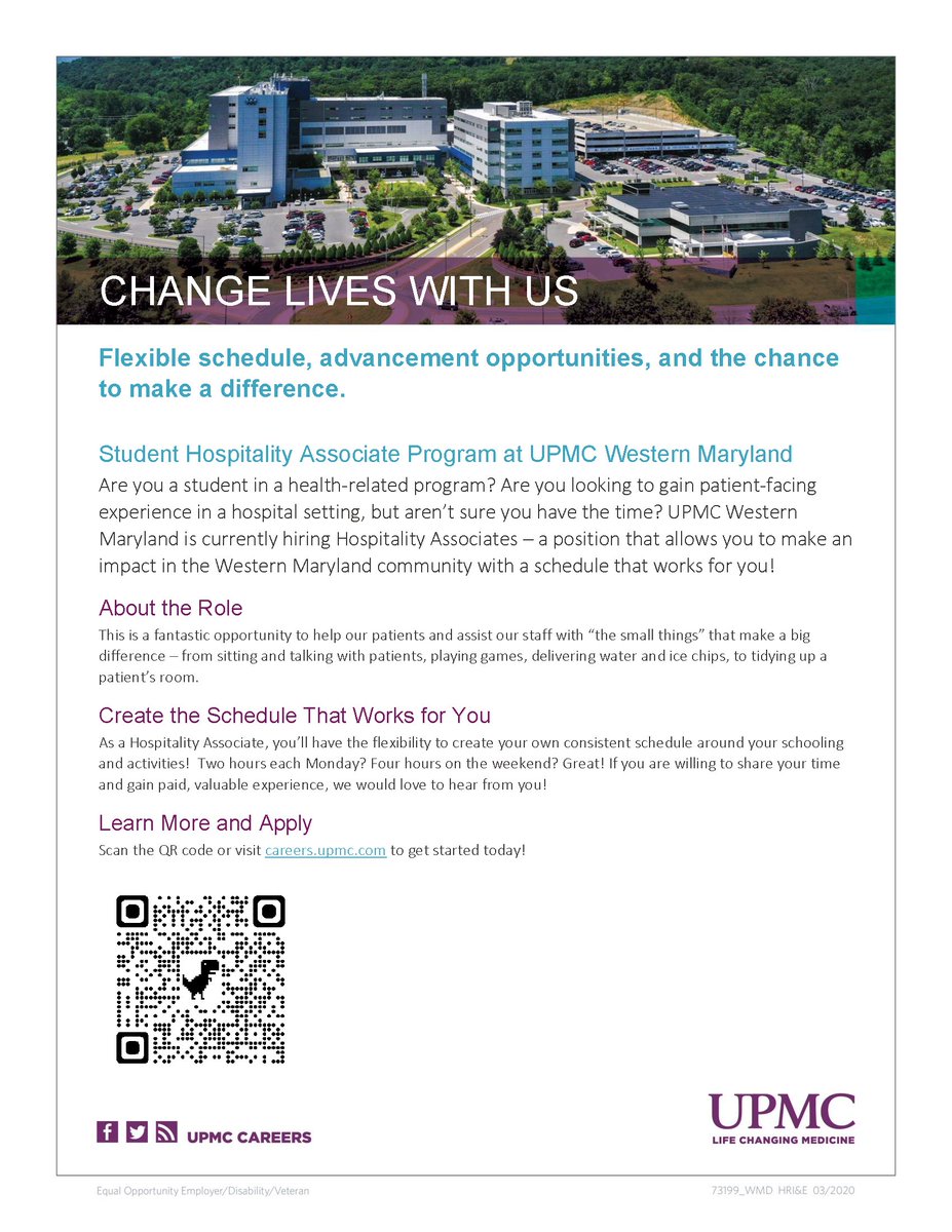 PSBCareer's tweet photo. Are you looking for a flexible job either during the school year or when you are home for breaks? UPMC Western Maryland is currently hiring Hospitality Associates! This new role is great for both nursing and non-nursing students! Learn more or apply at https://t.co/RiFuhrFbNS https://t.co/op7LeOzbzP