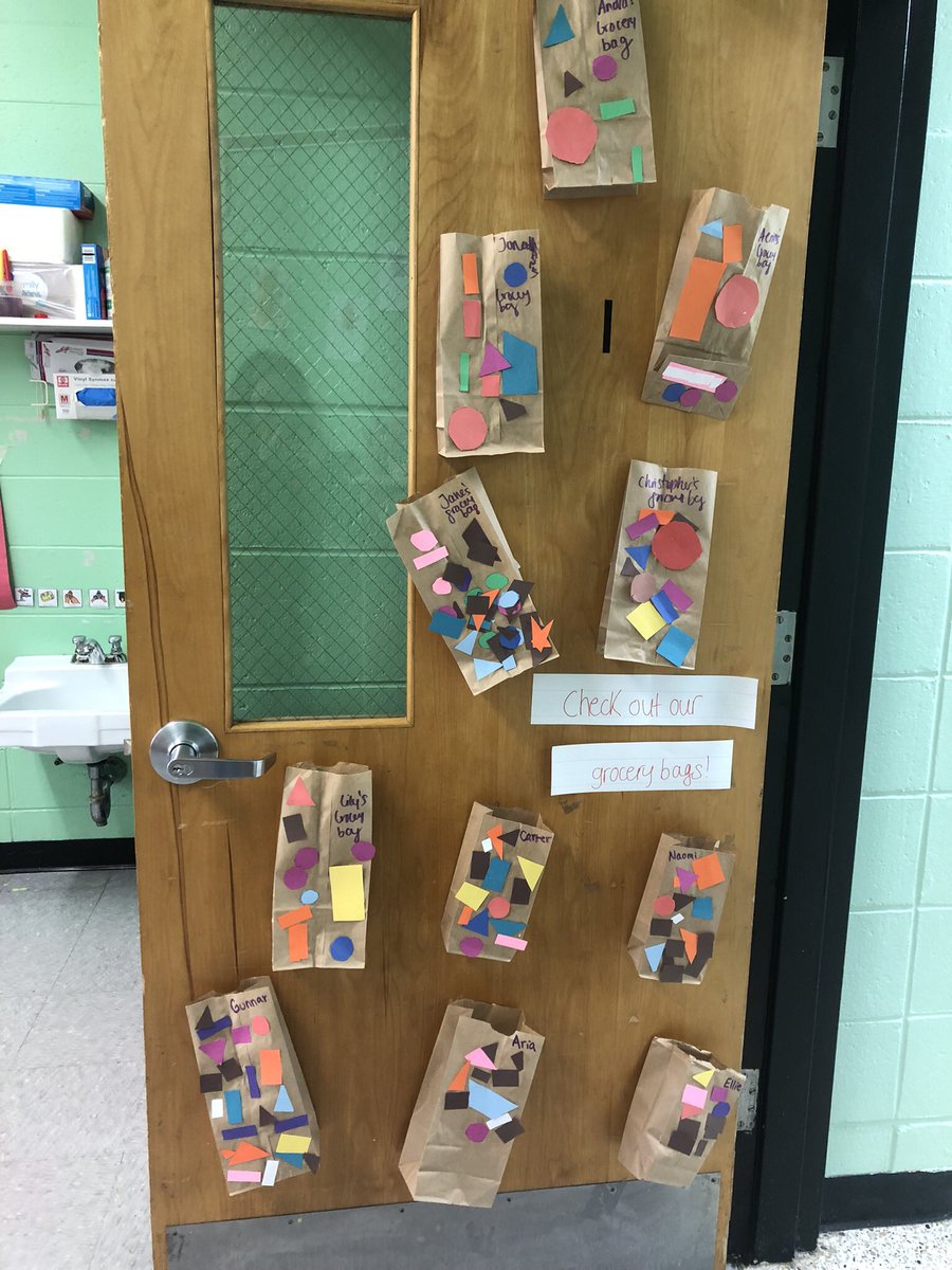 MissWeiner's tweet photo. Check out our door! We did #vengercollage and filled our shopping bags for grocery theme with shapes! @Tools_PreKTeach https://t.co/8UcwoVfge1