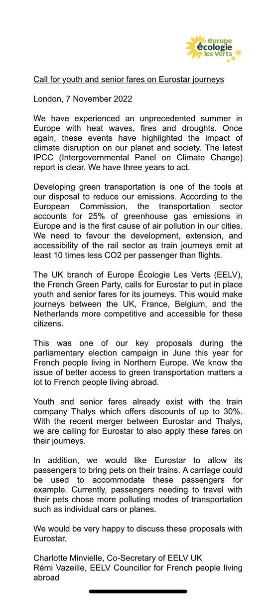 Hello @Eurostar, In English now, we are calling for youth & senior fares on Eurostar journeys to make them more affordable. Access to green transportation is essential in the fight against climate change🚆 Very happy to discuss further. #ClimateCrisis #transport