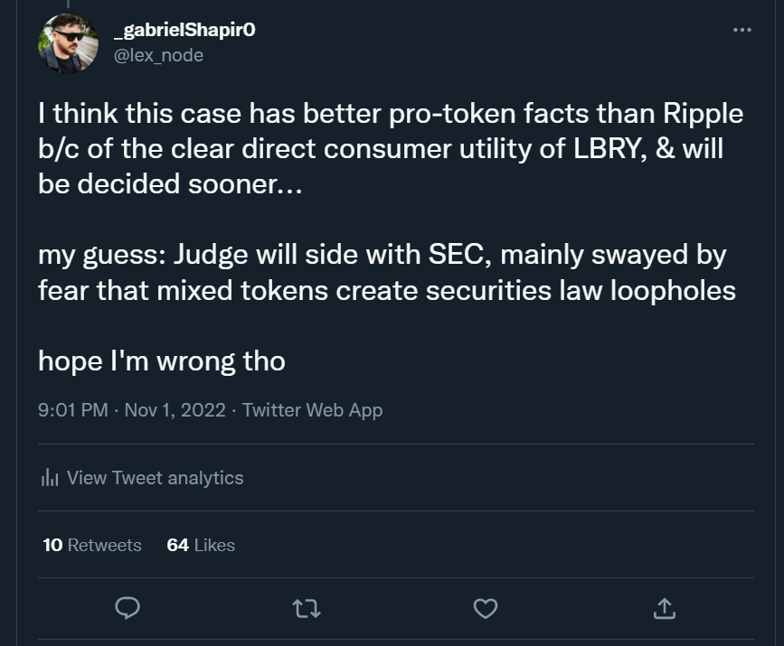 lex_node's tweet photo. LBRY judge: mixing consumptive and investment uses cannot be a loophole to the securities laws  

this is what I predicted would be key factor for the judge

many lawyers made way too much of Forman case--there, consumptive intent was nearly *exclusive*

https://t.co/UJtcZdmJtY https://t.co/R7jAKzeRGk
