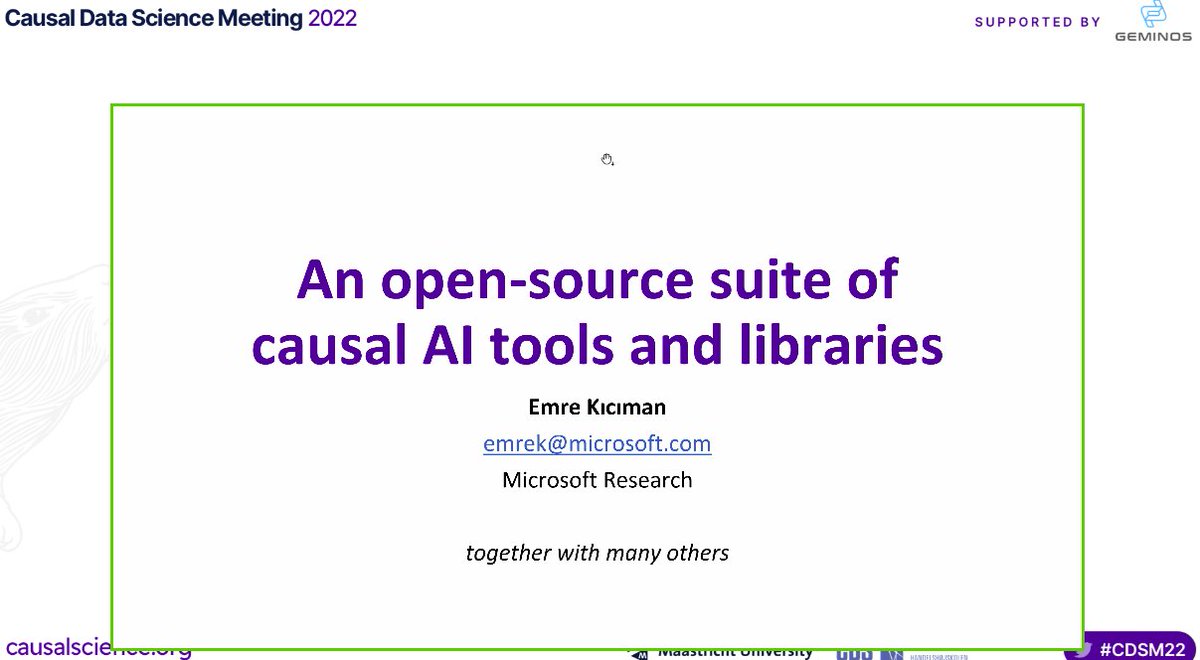 Dan Kirsch (@ddkirsch) on Twitter photo At the #CDSM22 meeting, <a href="/emrek/">Emre Kıcıman</a> from <a href="/MSFTResearch/">Microsoft Research</a> takes the stage. Discussing the #CausalAI questions that organizations are asking along with his research.
#Causality #CausalTwitter #MachineLearning #ArtificialIntelligence At the #CDSM22 meeting, <a href="/emrek/">Emre Kıcıman</a> from <a href="/MSFTResearch/">Microsoft Research</a> takes the stage. Discussing the #CausalAI questions that organizations are asking along with his research.
#Causality #CausalTwitter #MachineLearning #ArtificialIntelligence