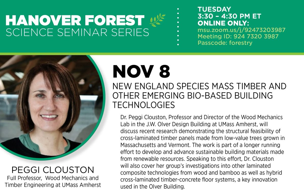 Don't forget that the last installation of our Fall 2022 Hanover Science Seminar Series is tomorrow! This week, speaker Peggi Clouston presents “New England species mass timber and other emerging bio-based building technologies.” #forestry