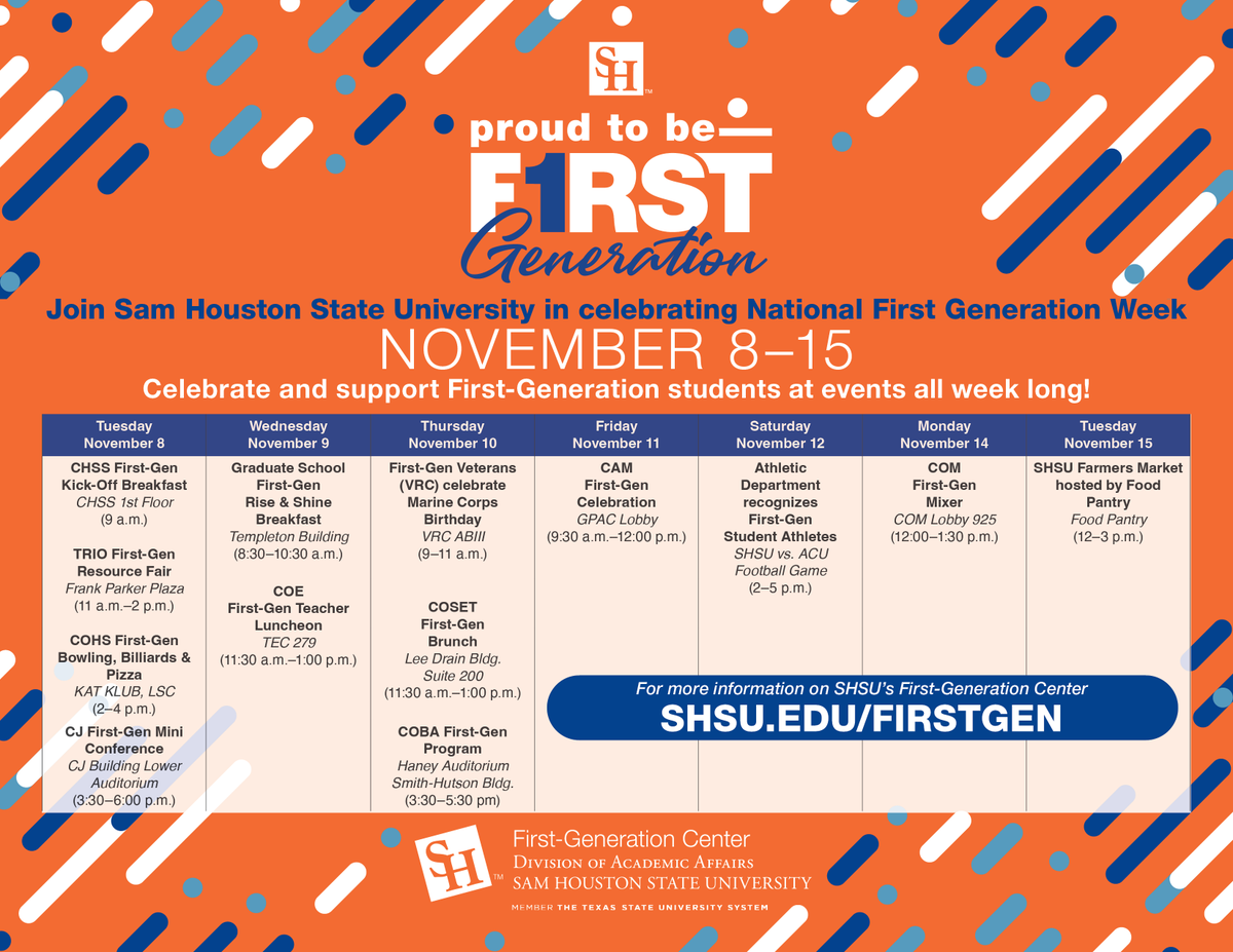 shsutriosss's tweet image. Join us and the SHSU First-Generation center in celebrating #NationalFirstGenerationDay with week long events starting Tuesday, November 8th. See You There! 

#CelebrateFirstGen #SHSUFirstGen #FirstGen #FirstGenForward #SHSU
