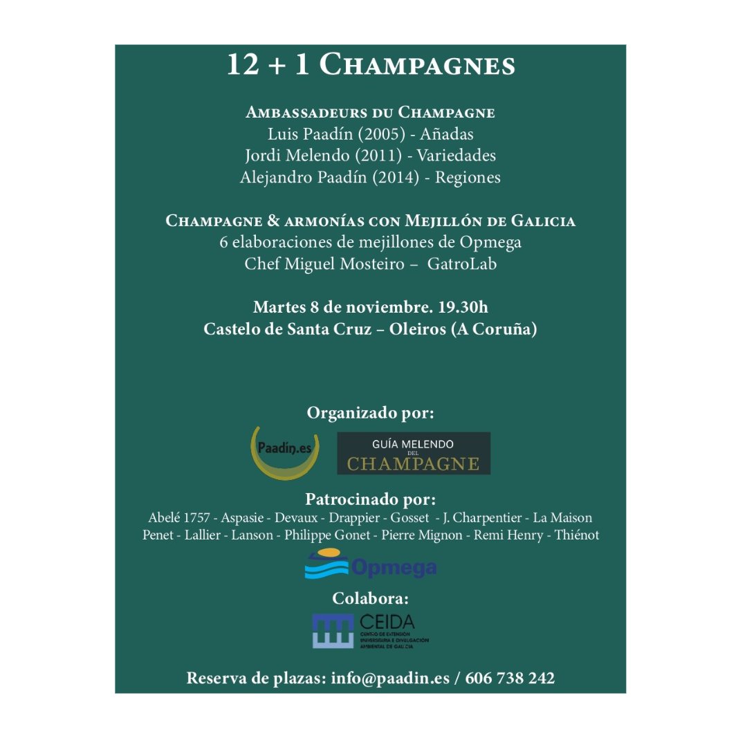 Estaremos presentes no Castelo de Santa Cruz sito en Oleiros mañan martes 8 de novembro alí acudiremos a unha masterclass dirixida polos mestres do champagne
@Alejandropaadin e <a href="/JordiMelendo/">Jordi Melendo</a>