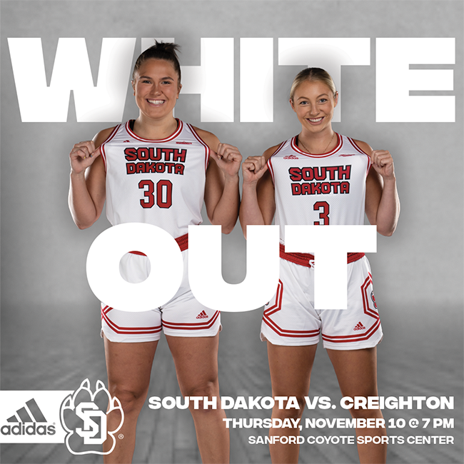 South Dakota Coyotes (@sdcoyotes) on Twitter photo Break out those white shirts again. 😏
🏀 <a href="/SDCoyotesWBB/">South Dakota Women’s Basketball</a> vs. #21 Creighton (Thu. @ 7 p.m.)
🏆 Summit League Tournament and Sweet 16 Pregame Banner Unveiling
⚪️ White Out Theme (Free Shirts- First 300 Students)
🎟️ yote.us/Creighton Break out those white shirts again. 😏
🏀 <a href="/SDCoyotesWBB/">South Dakota Women’s Basketball</a> vs. #21 Creighton (Thu. @ 7 p.m.)
🏆 Summit League Tournament and Sweet 16 Pregame Banner Unveiling
⚪️ White Out Theme (Free Shirts- First 300 Students)
🎟️ yote.us/Creighton
