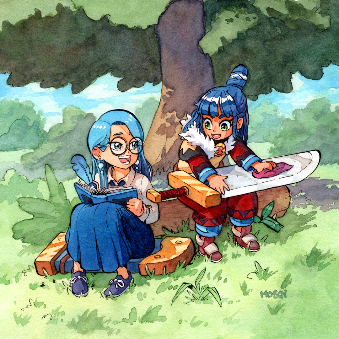multiple girls 2girls blue hair book glasses tree open book  illustration images