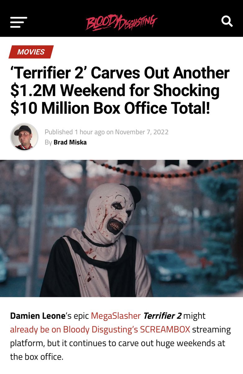 Our little “MegaSlasher” that could has just broken 10 million dollars at the box office 🤡🤯🙏🏻 Anything is possible ✨ 🗡 #terrifier2 #arttheclown #thankyouall