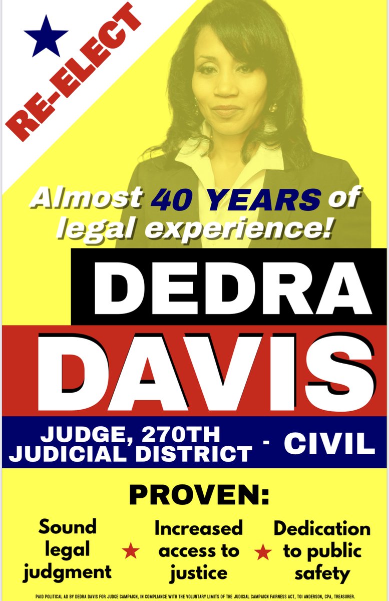 DedraDavisWins's tweet photo. No vote.  No voice. 

Election Day is tomorrow, 11/8/2023.   

I’m on the ballot.  You’ll find my name after a few pages.   You’ll see “270th Judicial District.”    Go to B (for beautiful) and you will see my name, DEDRA DAVIS. 

#DedraDavisWins #MakingLawAndOrderEqualJustice https://t.co/lQW3JPfSSV